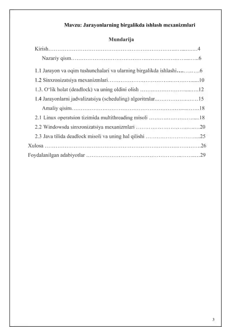 Jarayonlarning birgalikda ishlash mexanizmlari kurs ishi 3