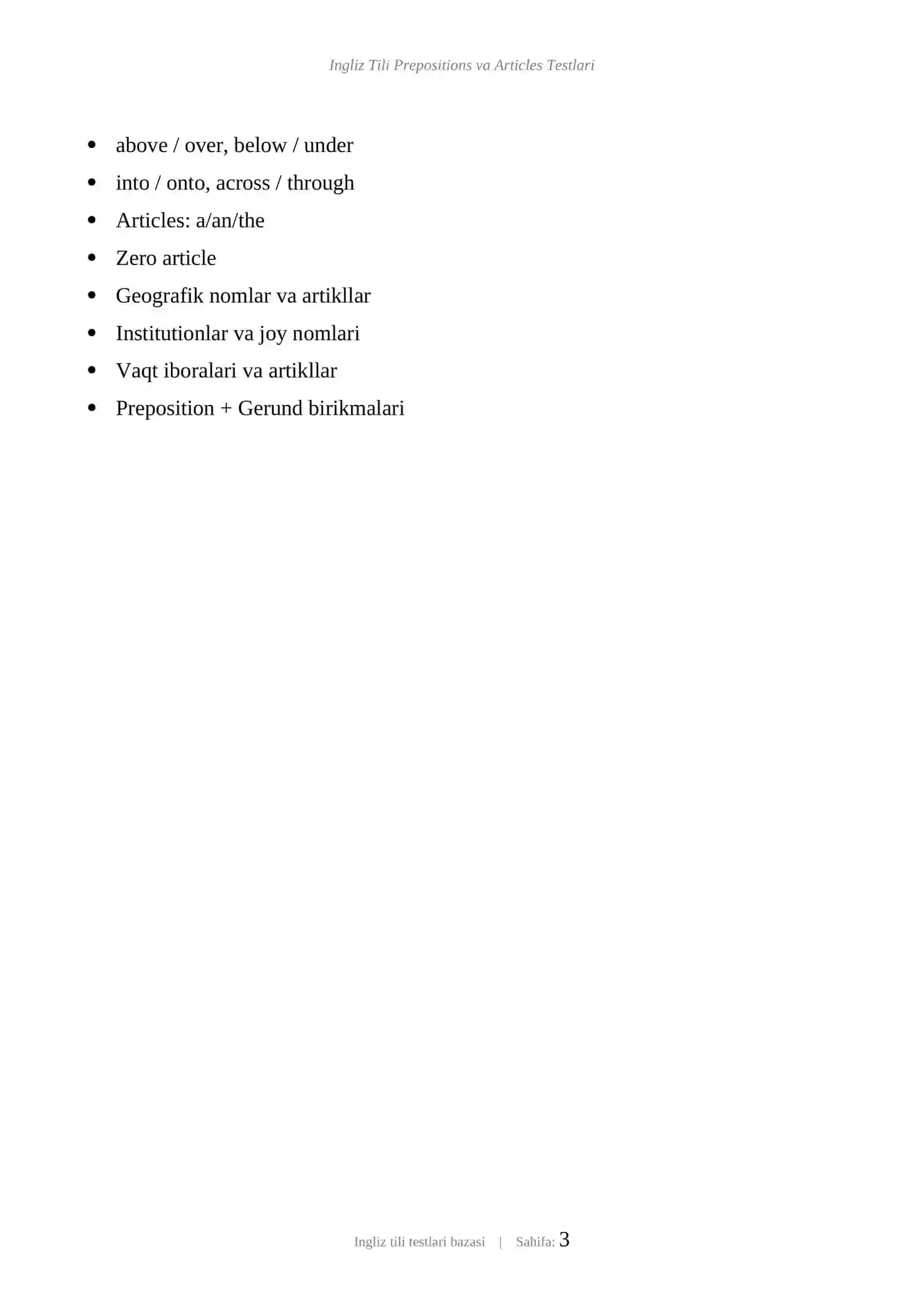INGLIZ TILI PREPOSITIONS VA ARTICLES TESTLARI 3