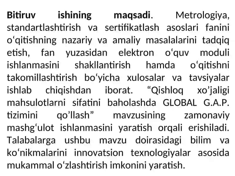 "Qishloq xo’jaligi mahsulotlarni sifatini baholashda GLOBAL GAP tizimini qo’llash" 3