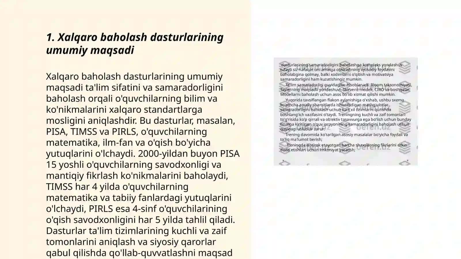 Xalqaro baholash dasturlarining maqsadi,mazmun sohalari hamda topshiriqlari,ularni baholash mezonlari 3