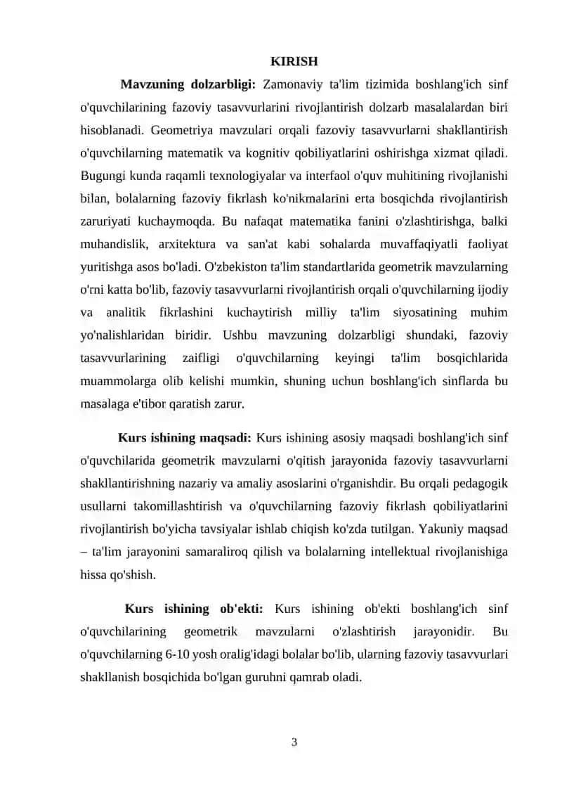 Boshlangʻich sinflarda geometrik mavzularni oʻqitish da oʻquvchilarning fazoviy tasavvurlarini shakllantirish. 3