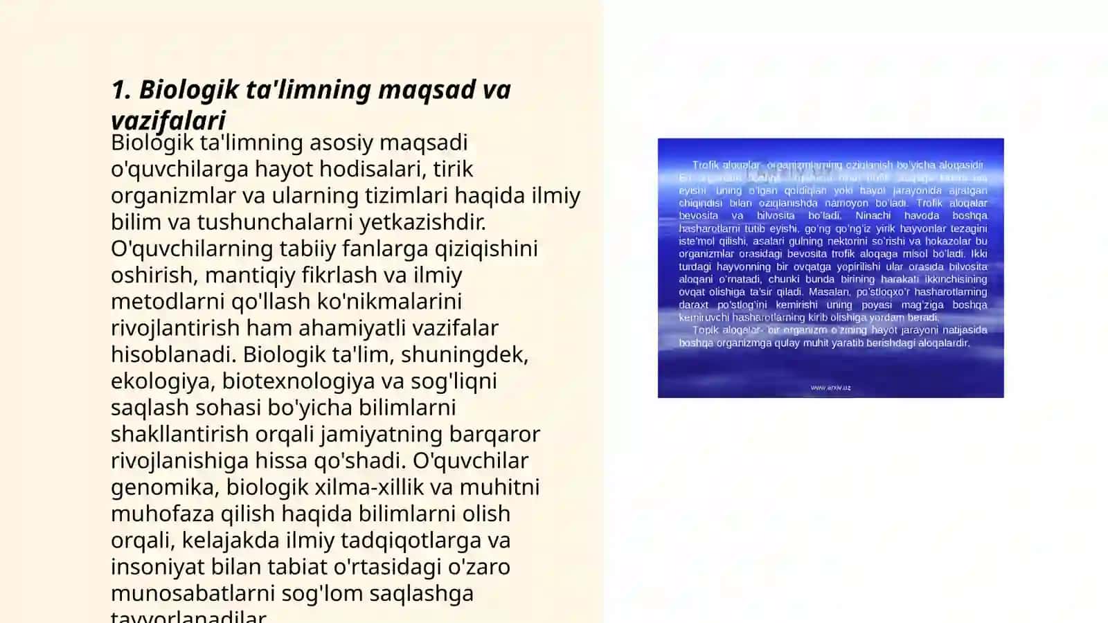 Biologik ta'lim mazmuni, metodlari, vositalari va shakllarining uyg'unligi 3
