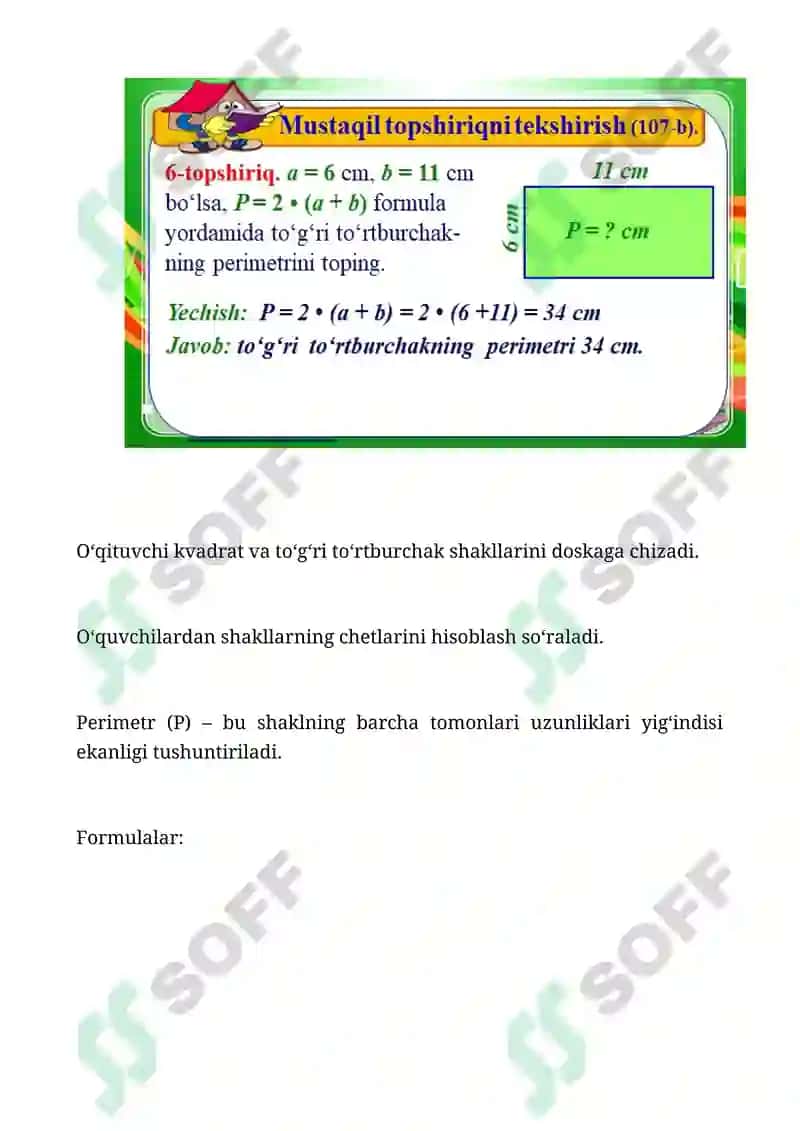 To‘g‘ri to‘rtburchak va kvadratning perimetri va yuzasi DARS ISHLANMA 3