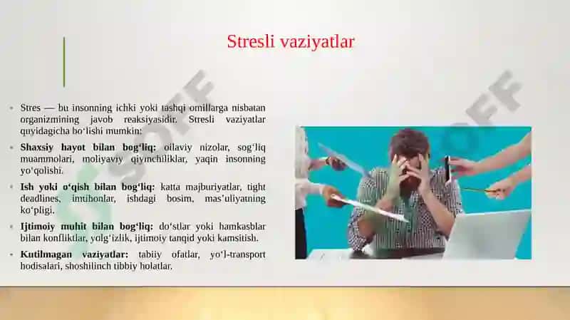 Stresli vaziyatlar,sabablar, oqibatlar va stressni boshqarish texnikalari 3