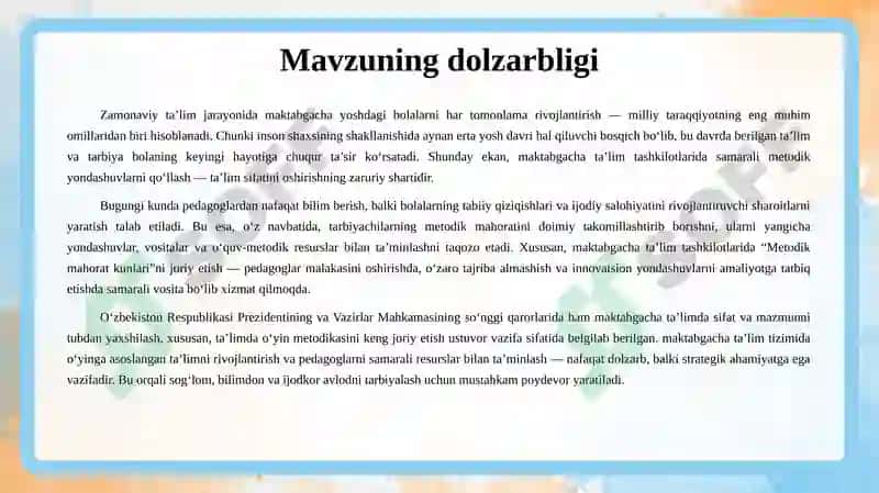 Metodik mahorat kuni: Bolalar bog‘chasi. Bolalarni rivojlantirishda o‘yinga asoslangan ta’limdan foydalanishga doir pedagoglarni resurslar bilan ta’minlash usullari 3