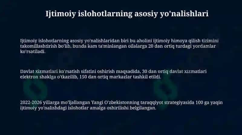 O'zbekistonda ijtimoiy sohada amalga oshirilayotgan o'zgarishlar mazmuni va mohiyati 3