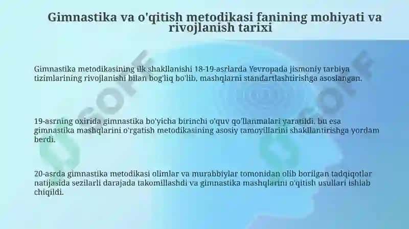 Gimnastika va uni o'qitish metodikasi fanining predmeti.rivojlanish tarixi 3
