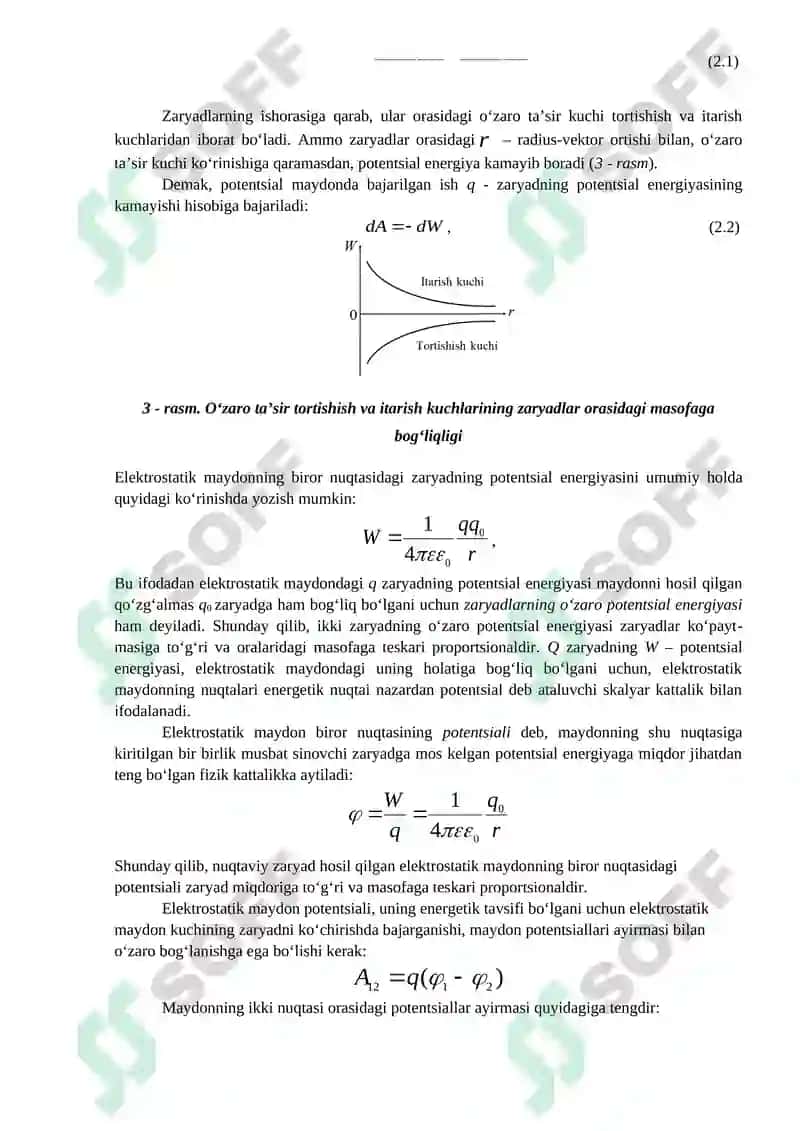 ELEKTROSTATIK MAYDONDA ZARYADNI KO‘CHIRISHDA BAJARILGAN ISH. ZARYADLAR TIZIMINING POTENSIAL ENERGIYASI. POTENSIAL MAYDON. ELEKTR ZARYADI MAYDONINING POTENSIAL ENERGIYASI. 3