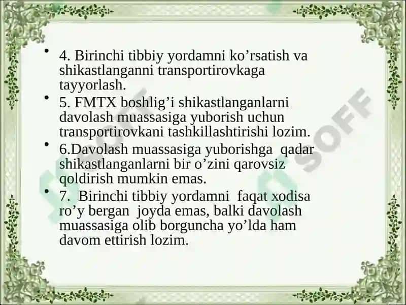 SHIKASTLANISH O’CHOG’IDA DASTLABKI UMUMIY, DASTLABKI TIBBIY YORDAMNI TASHKIL ETISH 3