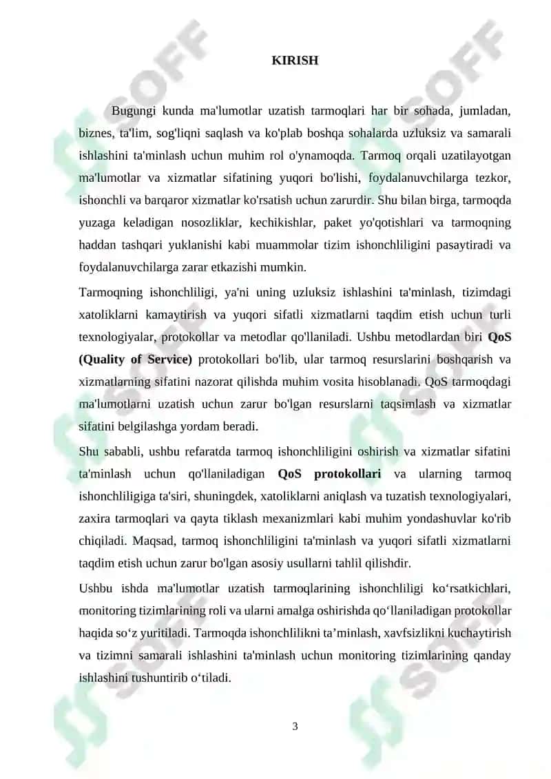 Ma’lumotlar uzatish tarmoqlarining ishonchlilik ko`rsatkichlariga talablar va ularni oshirish usullari. Ma’lumotlar uzatish tarmoqlarida monitoring usullari va protokollari 3
