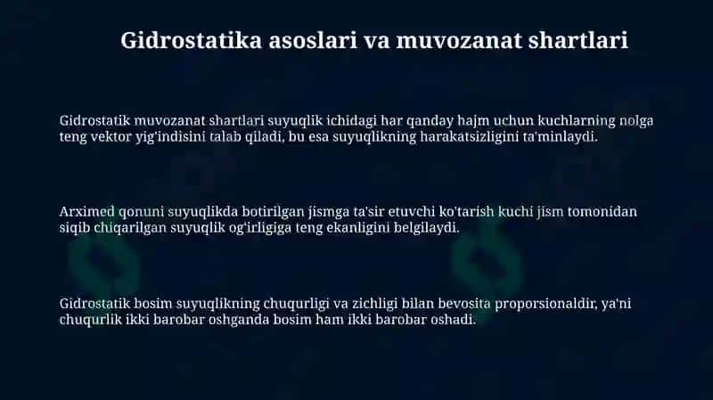 Gidromexanika va gidorstatik suyuqlik harakati va muozanat tenglamasi 3