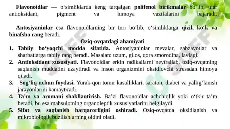 Antosiyaninlar va flavonoidlar manbalari va oziq-ovqatdagi roli 3