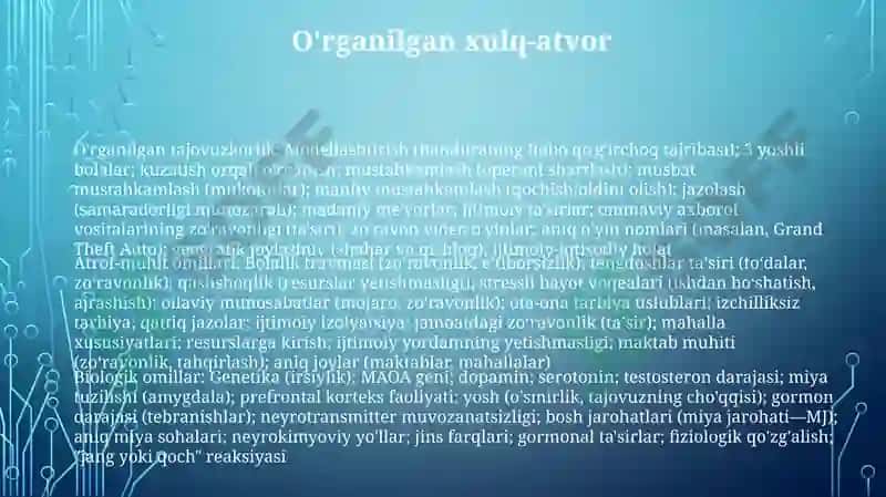 Shaxs agressiv xulq-atvorining shakllanish sharoitlari 3