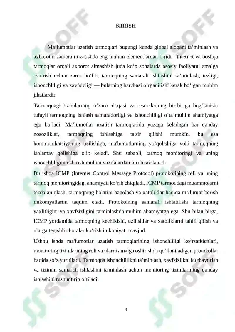 Ma’lumotlar uzatish tarmoqlarining ishonchlilik ko`rsatkichlariga talablar va ularni oshirish usullari. Ma’lumotlar uzatish tarmoqlarida monitoring usullari va protokollari 3