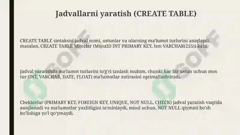 SQL tilida jadvallar yaratish, o’zgartirish va o’chirish 3