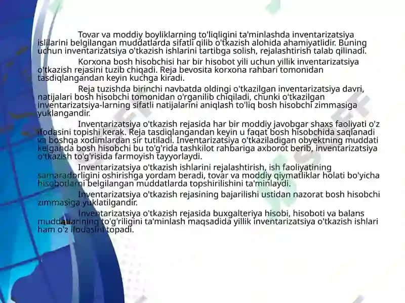 INVENTARIZATSIYA  O`TKAZISH  VA  NATIJASINI  RASMIYLASHTIRISH  TARTIBI. 3
