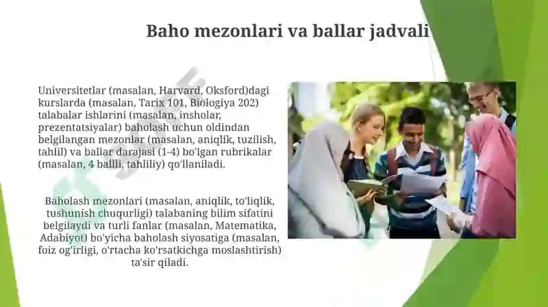 Talabalar bilimini o'zlashtirish sifatini baholashning asosiy mezonlari va turlari 3
