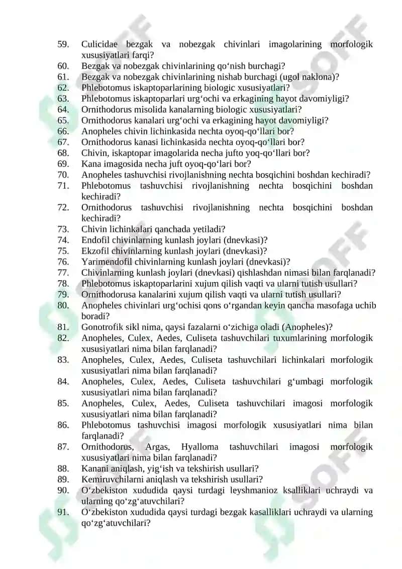 Tibbiy-profilaktika ishi (Entomolog vrach yordamchilari uchun) mutaxassisligi bo'yicha shakllantirilgan og’zaki savollar ro'yxati 3