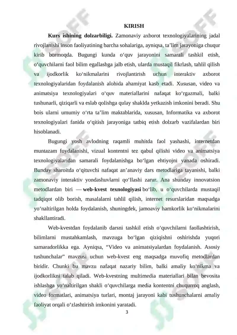 Umumiy o‘rta ta’lim maktablarining 8-sinfida Informatika va AT fanidan “Video va animatsiyalardan foydalanish. Asosiy tushunchalar” mavzusini o‘qitishda web-kvestlardan foydalanish 3