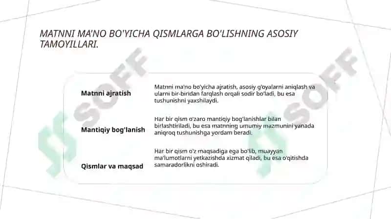 Matnni ma'noviy qismlarga bólish tamoyillari. Reja. Rejaning turlari 3