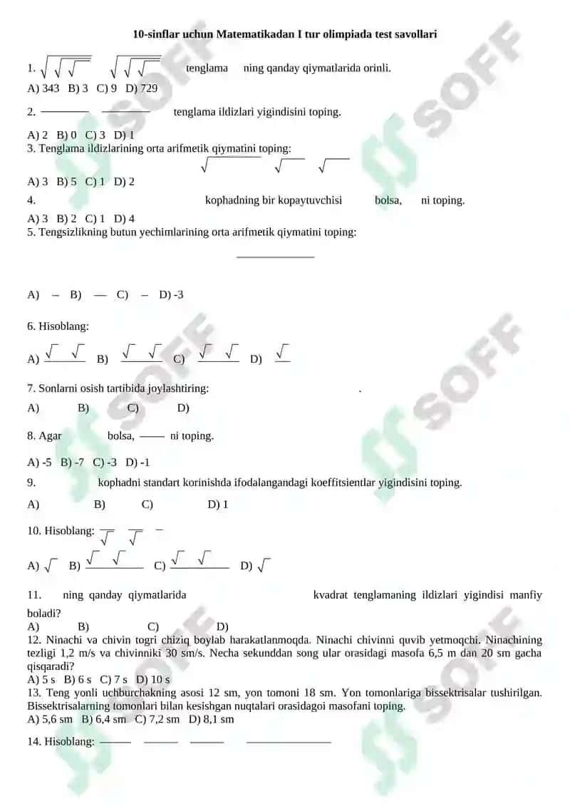 9-sinflar uchun Matematikadan test savollari 3