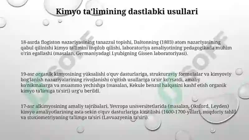 Kimyo oʻqitish metodikasining nazariy asoslari fanining rivojlanish tarixi 3