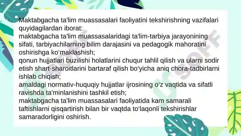 Maktabgacha ta’ilm tashkilotlari faoliyatini tekshirishning maqsad va vazifalari 3