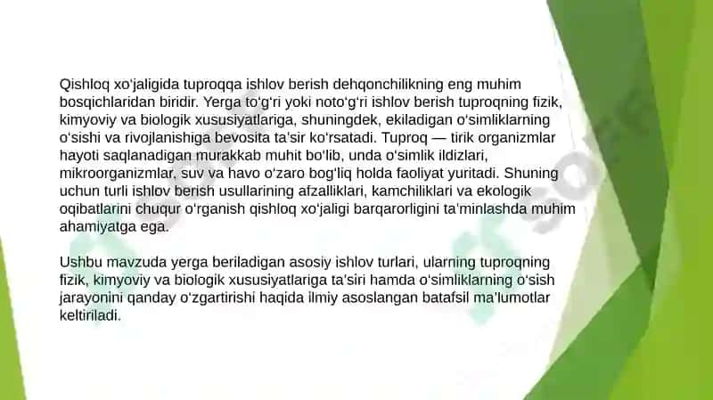 Yerga asosiy ishlov berish usullarining tuproq xususiyatlari va o'simliklarni o'sishi hamda rivojlanishiga ta'siri. 3