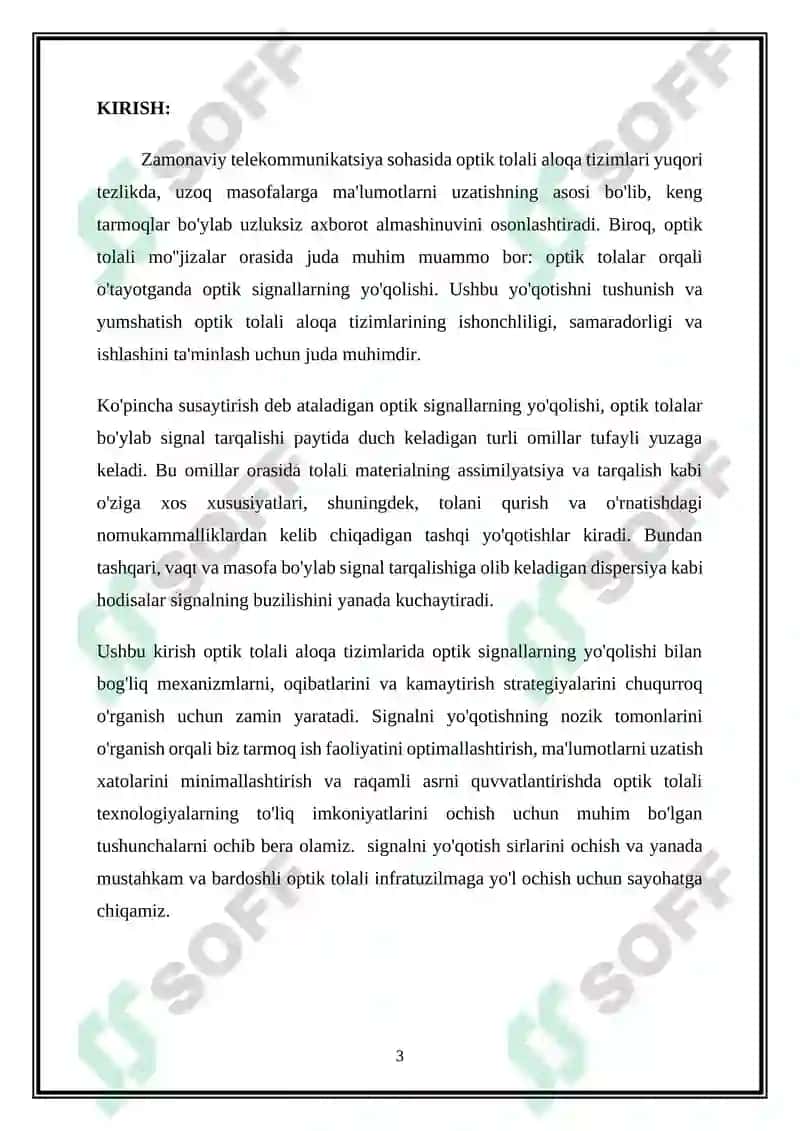 Tolali optik aloqa tizimlarida optic signallarni yoʻqolishi 3