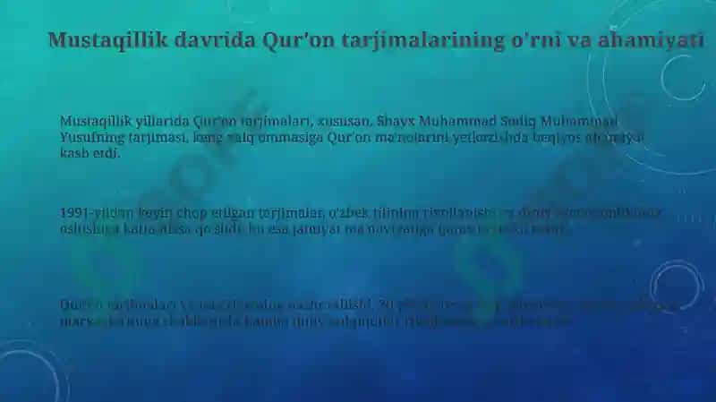 Mustaqillik yillarida Qur'onning o'zbek tiliga tarjima qilinishi va tafsirlari 3