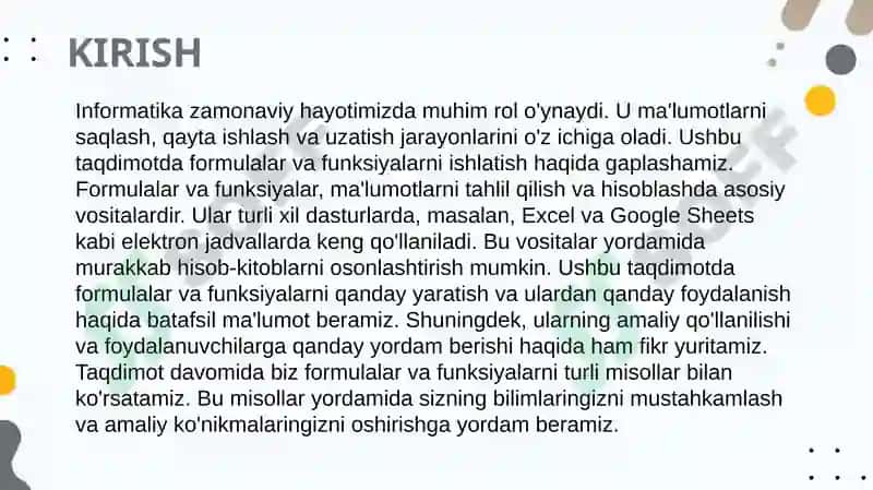 Informatikada Formulalar va funksiyalar ishlatish 3