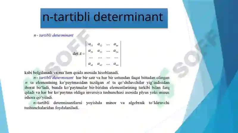 Minor va algebraik to’ldiruvchi tushunchalari. n-tartibli determinantlarni hisoblash 3