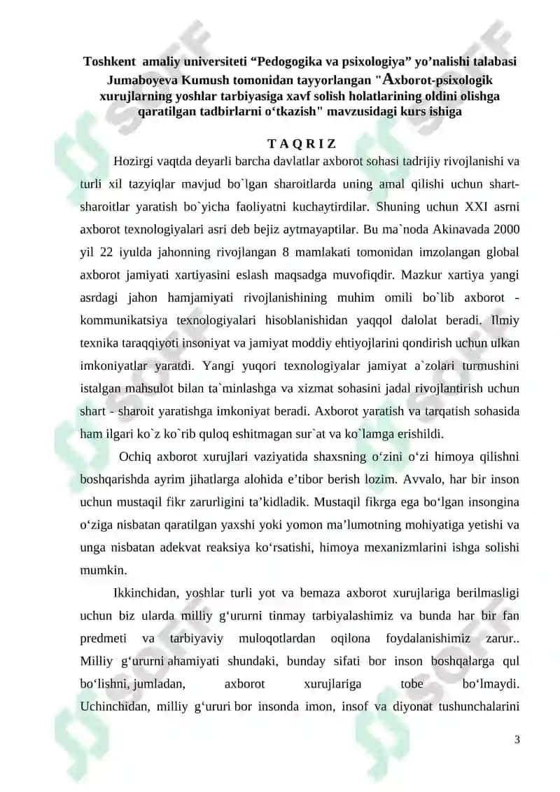 AXBOROT-PSIXOLOGIK XURUJLARNING YOSHLAR TARBIYASIGA XAVF SOLISH HOLATLARINING OLDINI OLISHGA QARATILGAN TADBIRLARNI O‘TKAZISH 3