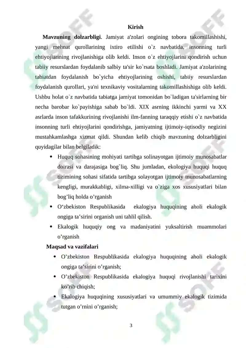 O‘zbekiston Respublikasida ekologiya huquqi rivojlanishing aholi ekologik ongiga ta’siri (BITIRUV  MALAKAVIY ISHI) 3