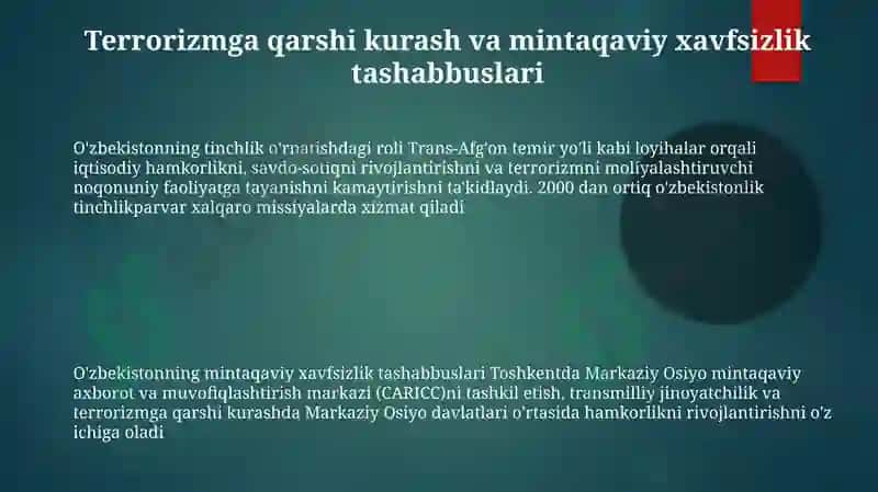 O'zbekistonning Markaziy Osiyoda tinchlik va barqarorlikni ta’minlashdagi o‘rni. 3