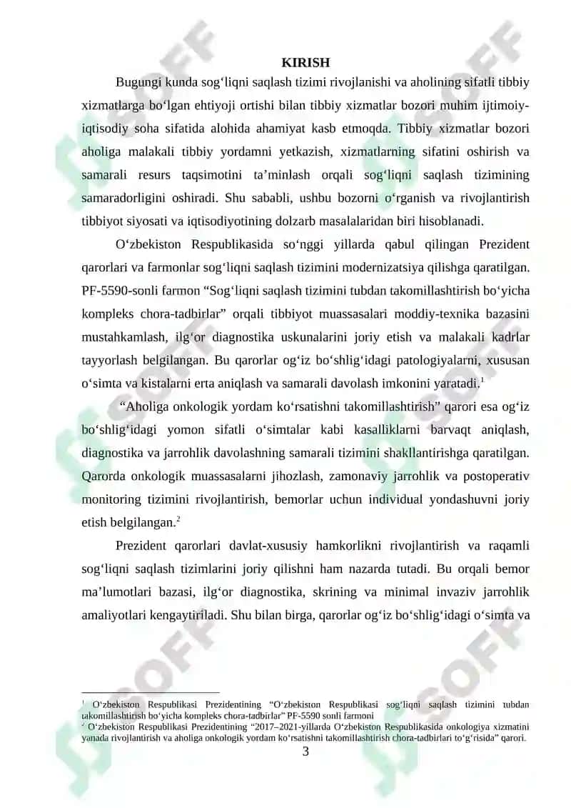 TIBBIY XIZMATLAR BOZORINI TASHKIL ETILISHI VA RIVOJLANISHI  KURS ISHI 3