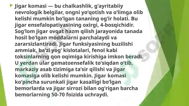 Jigar hujayra yetishmovchiligi va jigar komasi vujudga kelishi biokimyoviy mexanizmlari. 3
