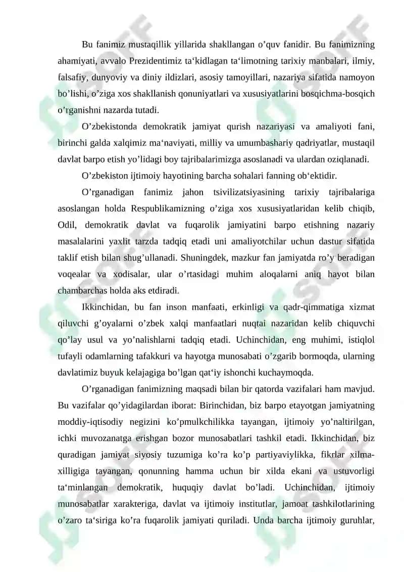 O’zbekistonda demokratik jamiyat qurish nazariyasi va amaliyoti fanining predmeti, maqsadi va vazifalari 3