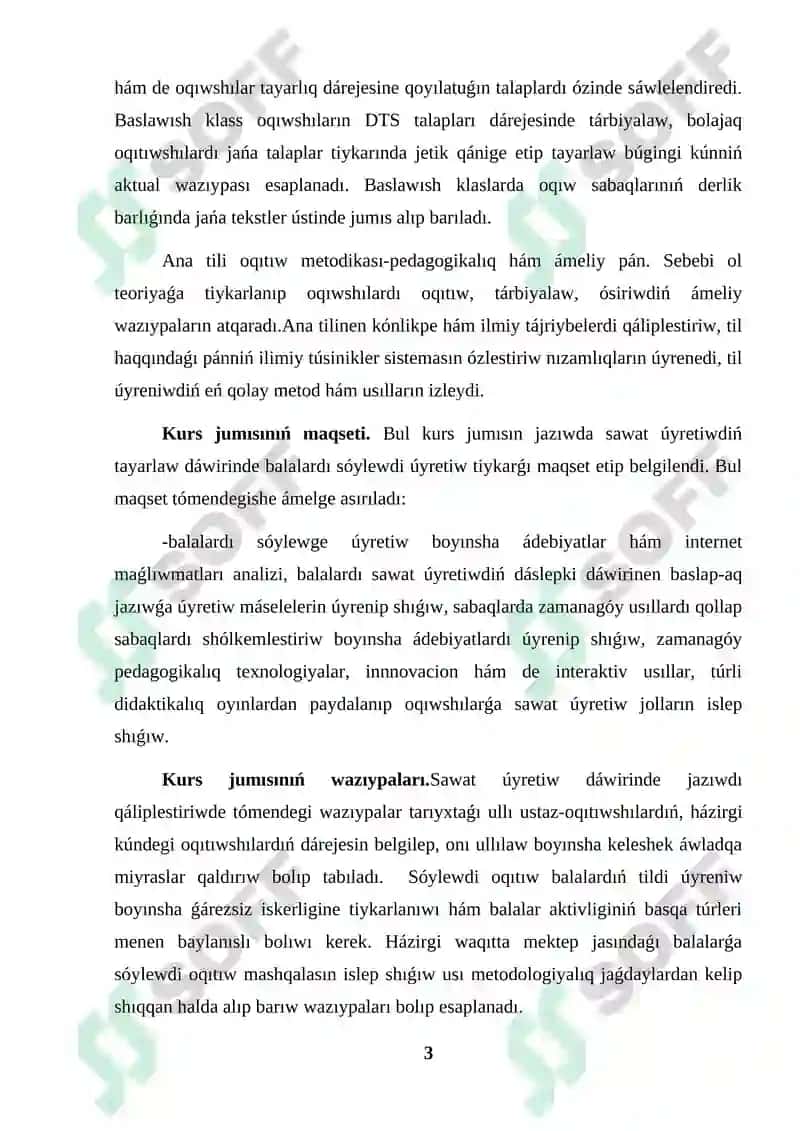 Álipbe dáwirinde jazıwdı qáliplestiriw kurs jumısı 3