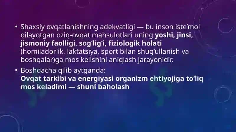 Shahsiy Ovqatlanishning Adevvatligini Organish va Baholash 3
