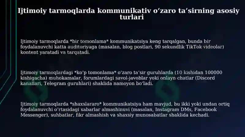 Internetdagi kommunikativ oʻzaro ta’sirning asosiy turlari (ijtimoiy tarmoqlar) 3