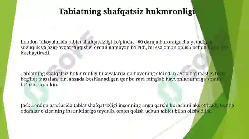 Jek London hikoyalari dainson va tabiat munosabatlari 3