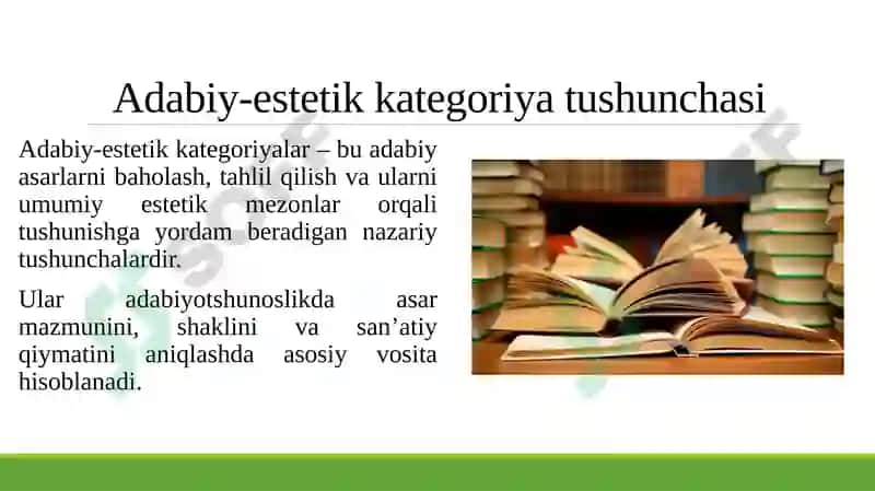 "Adabiyot nazariyasi"kitobidan "Adabiy-estetik kategoriyalar"boʻlimini oʻrganish 3