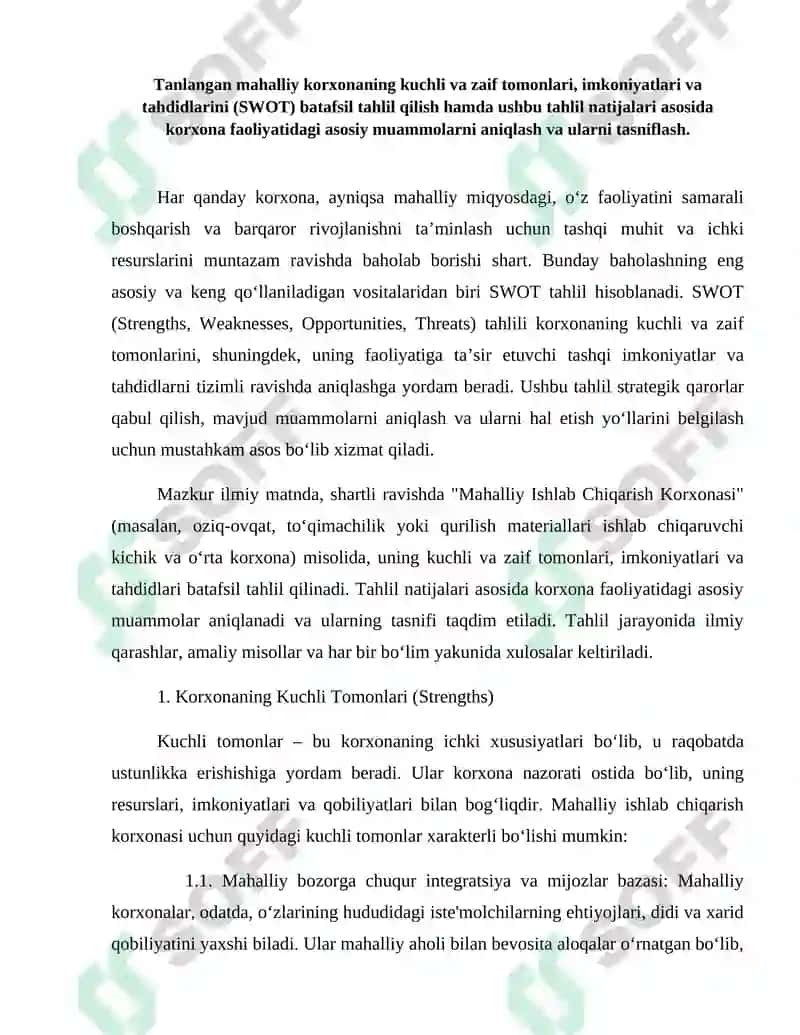 Mahalliy korxona boyicha swot tahlil tayyorlash, muammoni aniqlash va yechimlarni liyiha shaklida ishlab chiqish 3