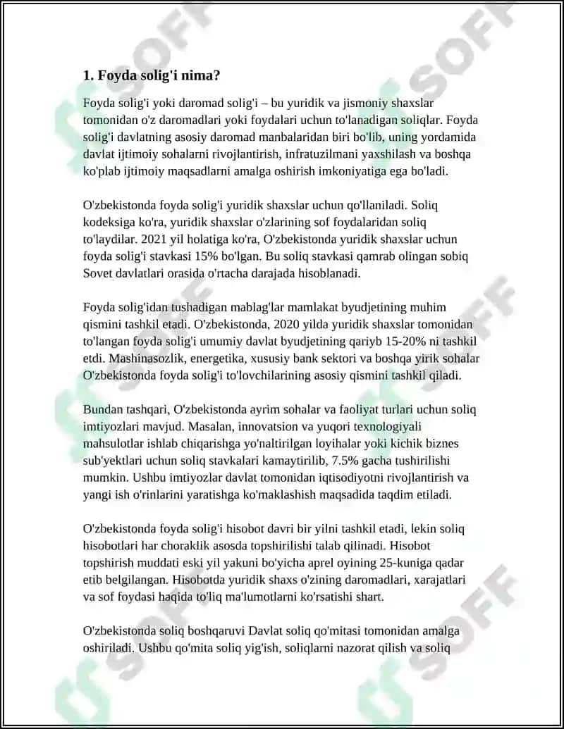 FOYDA SOLIG'INI HISOBLAB CHIQARISH, SOLIQ HISOBOTINI TAQDIM ETISH HAMDA TO'LASH TARTIBI 3