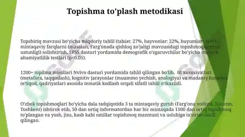 O'zbek xalq topishmoqlarini to'plash va mazmunini sharhlab tahlil qilish 3