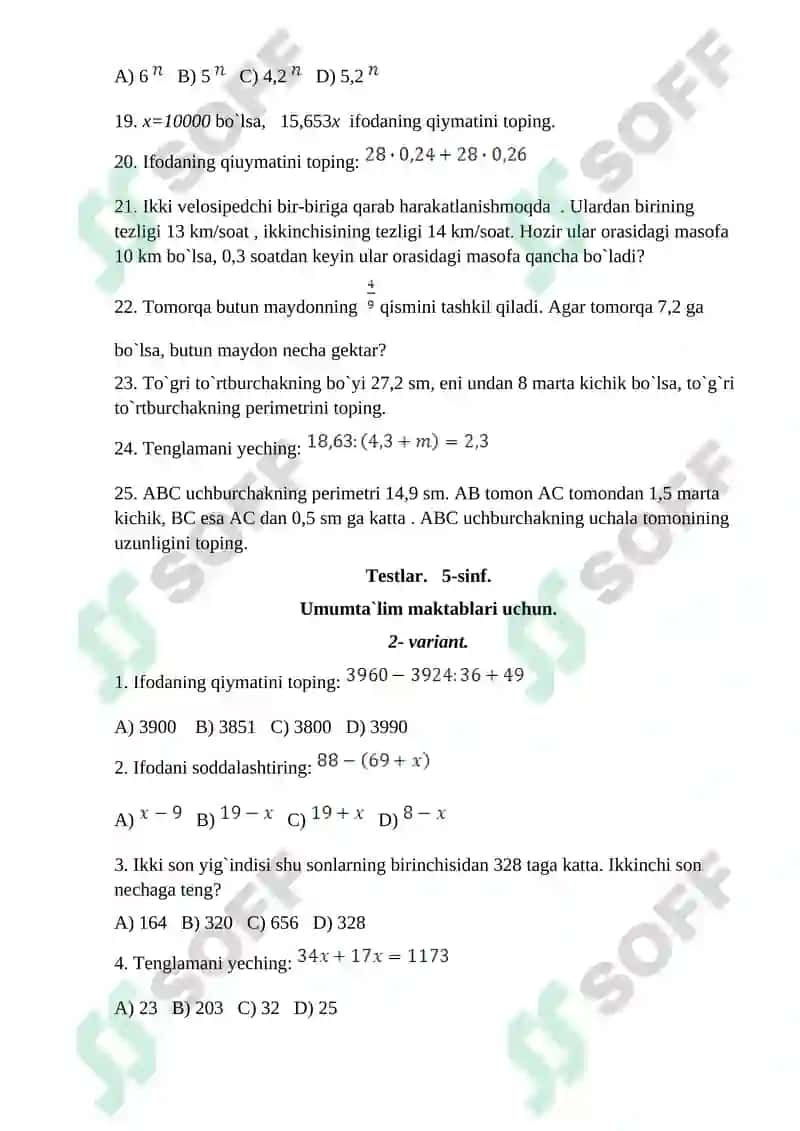 5-6-7-8-sinf MATEMATIKA TESTLAR to’plami 3