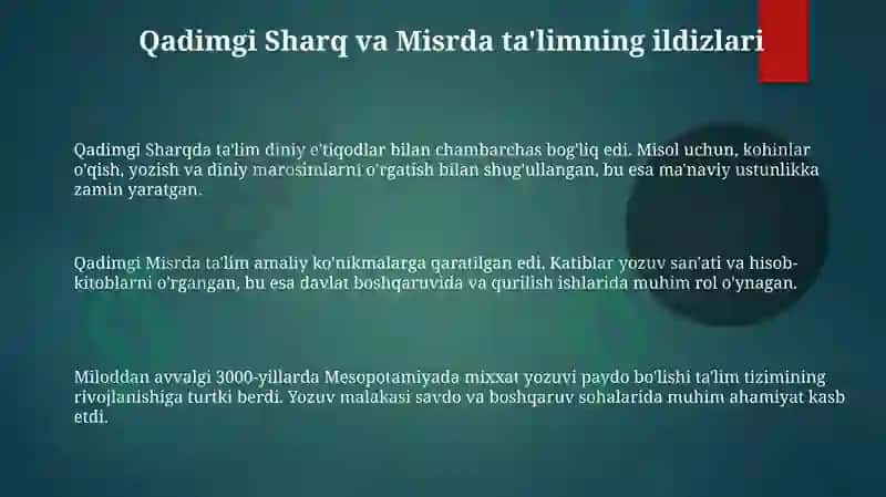Pedagogika tarixi eng qadimgi davrlardan VII asrgacha ta’lim-tarbiya va pedagogik fikrlar 3