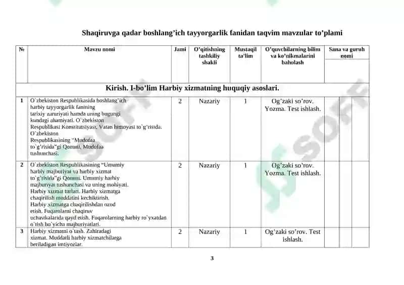 Chaqiruvga qadar boshlang’ich tayyorgarlik Fanidan O’quv materiallar to’plami 2020 yil 3