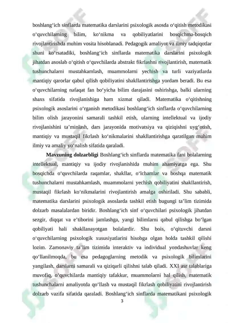 Matеmatika oqitishning psiхоlоgik asоslarini organish mеtоdikasi bоshlang`ich sinflarda 3